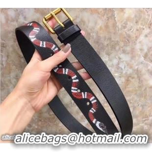 Unique Style Gucci Width 3.5cm Kingsnake Print Black Leather Belt with Square Buckle Gold Hardware 434520 2018