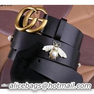 Durable Gucci Width 3.8cm Pearl and Bee Leather Belt Black with Double G Buckle Gold Hardware 20808 2018