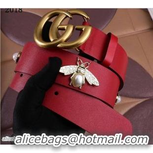 Good Quality Gucci Width 3.8cm Pearl and Bee Leather Belt Red with Double G Buckle Gold Hardware 20808 2018