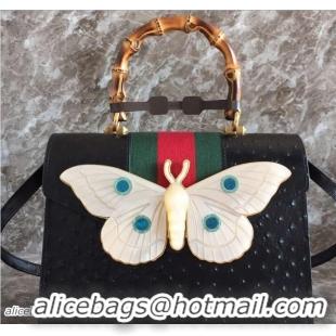 Stylish Gucci Web Moth Ostrich Pattern Medium Top Handle Bag 488691 Black 2018