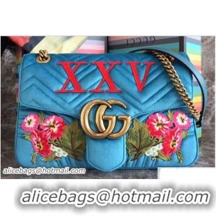 Unique Style Gucci GG Marmont Embroidered Flower and XXV Velvet Chevron Medium Shoulder Bag 443496 Turquoise 2018