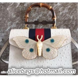 Popular Style Gucci Web Moth Ostrich Pattern Medium Top Handle Bag 488691 White 2018