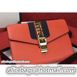 Best Product Gucci Sylvie Web Leather Small Wristlet Clutch Bag 477627 Orange 2018