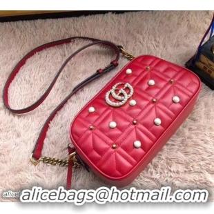 Discount Gucci GG Marmont Chevron Pearl and Stud Shoulder Small Bag 447632 Red 2018