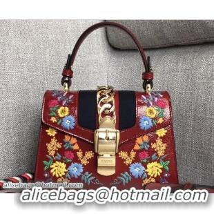 Luxury Gucci Sylvie Web Patent Leather Top Handle Shoulder Mini Bag 470270 Red Embroidered Flower 2018