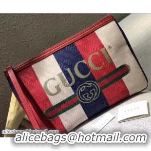 Top Grade Gucci Sylvie Baiadera Striped Linen Canvas Vintage Logo Print Pouch Clutch Bag 524788 2018