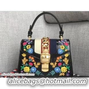 Good Quality Gucci Sylvie Web Patent Leather Top Handle Shoulder Mini Bag 470270 Black Embroidered Flower 2018