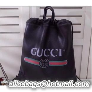 Popular Style Gucci Print Leather Vintage Logo Drawstring Backpack Bag 494053 Black 2018