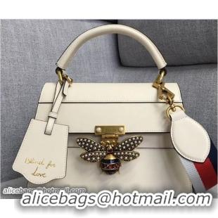 Low Cost Gucci Queen Margaret Metal Bee Small Top Handle Bag 476541 Leather White 2018