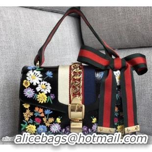 Stylish Gucci Embroidered Flower Sylvie Small Shoulder Bag 421882 Black 2018