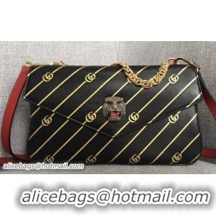 Fashion Gucci Double G And Feline Head With Crystals Medium Double Shoulder Bag 524822 Black/Red 2018