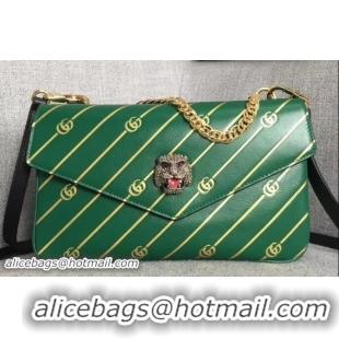 Perfect Gucci Double G And Feline Head With Crystals Medium Double Shoulder Bag 524822 Green/Black 2018