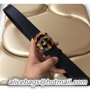 Design Cheap Gucci Width 3.5cm Black Leather Belt with Multicolor Crystals Double G Buckle 519787