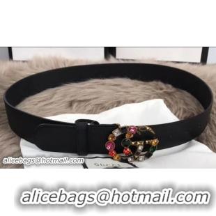 Duplicate Gucci Width 4cm Black Leather Belt with Multicolor Crystals Double G Buckle 519788