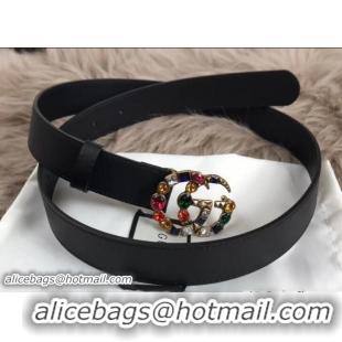 Discount Gucci Width 3cm Black Leather Belt with Multicolor Crystals Double G Buckle 519789