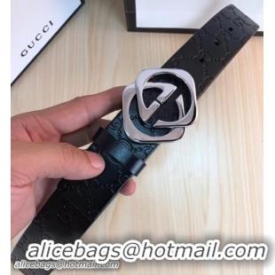 Fashion Gucci Width 3.8cm Signature Leather Belt Black/Silver with Interlocking G Buckle 519823