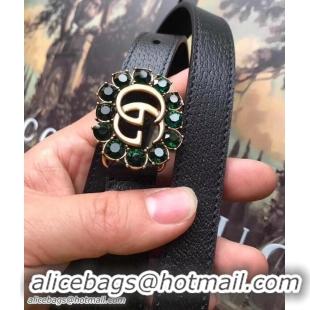 Sumptuous Gucci Width 2cm Leather Belt with Double G and Green Crystals Buckle 519797