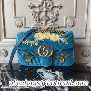 Perfect Gucci Marmont Chevron Beetle Embroidered Velvet Shoulder Bag 22cm 443497 Turquoise