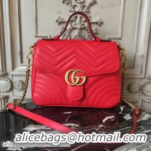 Pretty Style Gucci GG Marmont Chevron Quilted Top Handle 26cm Bag with Chain Strap Calfskin Leather 498110 Red