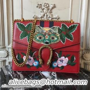 Luxury Gucci Dionysus Shoulder Bag 30cm 400235 Raccoon Appliqué/Floral Embroidery Calfskin Leather Burgundy Red