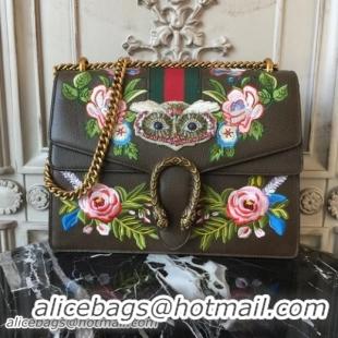 Grade Quality Gucci Dionysus Shoulder Bag 30cm 400235 Raccoon Appliqué/Floral Embroidery Calfskin Leather Brown