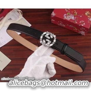 Best Quality GUCCI Thin Leather Belt With Crystal GG 354380 AP00K 1000 Black