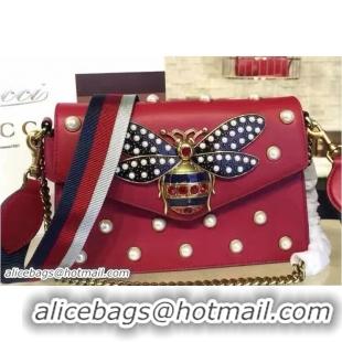 Discount Gucci Pearl Studs And Metal Bee Broadway Leather Chain Clutch Bag 453778 Red