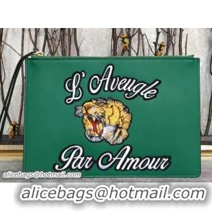 Best Product Gucci Embroidered Tiger and l’aveugle par amour Large Zipped Pouch Clutch Bag 445597 Green 2017