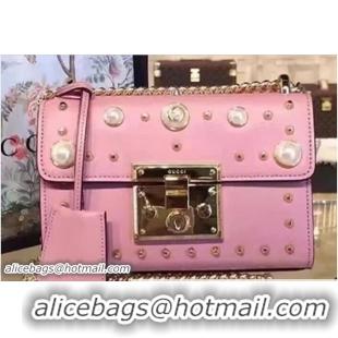 Grade Quality Gucci Padlock Pearl Studded Detail GG Calfskin Leather Shoulder Bag 409487 Pink