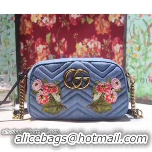 Fashion Gucci GG Marmont Matelassé Chevron Embroidered Floral Shoulder Small Bag 447632 Blue