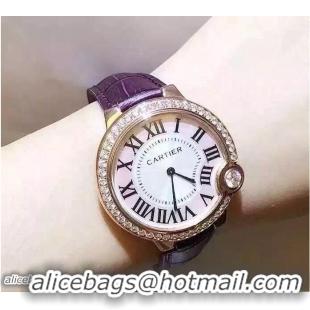 Luxury Cartier Diamonds Ballon Bleu De Watch With Crocodile Pattern Belt Purple