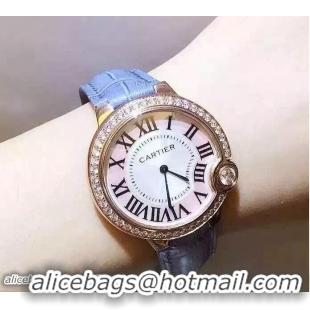 Fashion Cartier Diamonds Ballon Bleu De Watch With Crocodile Pattern Belt Sky Blue