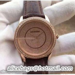 Good Quality Cartier All Over Crystal Watch Gold With Crocodile Pattern Belt