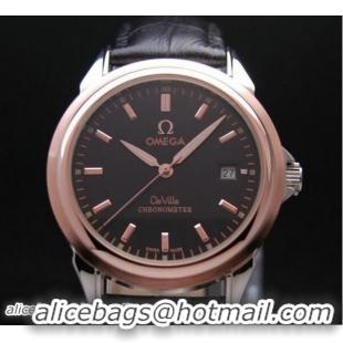 Good Quality OMEGA DE VILLE Chronometer Red Gold on Black Leather Strap OM77316