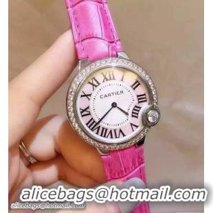 Good Quality Cartier Diamonds Ballon Bleu De Watch With Crocodile Pattern Belt Fushia