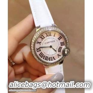 Buy Discount Cartier Diamonds Ballon Bleu De Watch With Crocodile Pattern Belt White