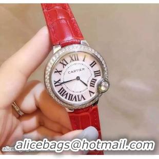 Grade Quality Cartier Diamonds Ballon Bleu De Watch With Crocodile Pattern Belt Red