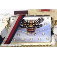 Sumptuous Gucci Pearl Studs And Metal Bee Broadway Leather Chain Clutch Bag 453778 Silver