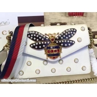 Grade Quality Gucci Pearl Studs And Metal Bee Broadway Leather Chain Clutch Bag 453778 White