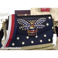 Best Grade Gucci Pearl Studs And Metal Bee Broadway Leather Chain Clutch Bag 453778 Black