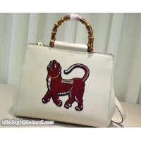 Classic Hot Gucci Nymphaea Leather Embroidered Tiger Top Handle Medium Bag 453766 White