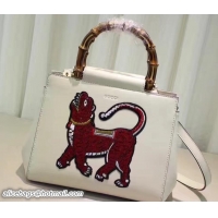 Good Looking Gucci Nymphaea Leather Embroidered Tiger Top Handle Small Bag 453767 White