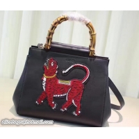 Good Quality Gucci Nymphaea Leather Embroidered Tiger Top Handle Small Bag 453767 Black