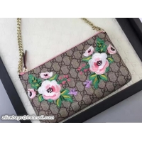 Sophisticated Gucci Embroidered Flowers Exclusive GG Supreme Wrist Chain Wallet Bag 456866 Pink 2017