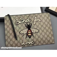 Best Gucci Embroidered Bee and Blind For Love Large Zipped Pouch Clutch Bag 431416 GG Supreme Black