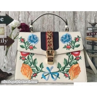 Shop Duplicate Gucci Sylvie Leather Embroidered Flowers Top Handle Medium Bag 431665 White