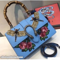 Fashion Luxury Gucci Dionysus Leather Top Handle Medium Bag 448075 Embroidered Dragonfly And Roses Light Blue