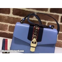 Shop Duplicate Gucci Sylvie Chain Leather Shoulder Bag 421882 Light Blue 2017