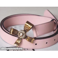 Crafted Gucci Width 2.5cm Leather Belt With Metal Bow Pearl Buckle Pink 2017