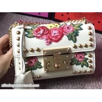 Fashion Gucci Padlock GG Studded Embroidered Leather Shoulder Bag 432182 White 2017